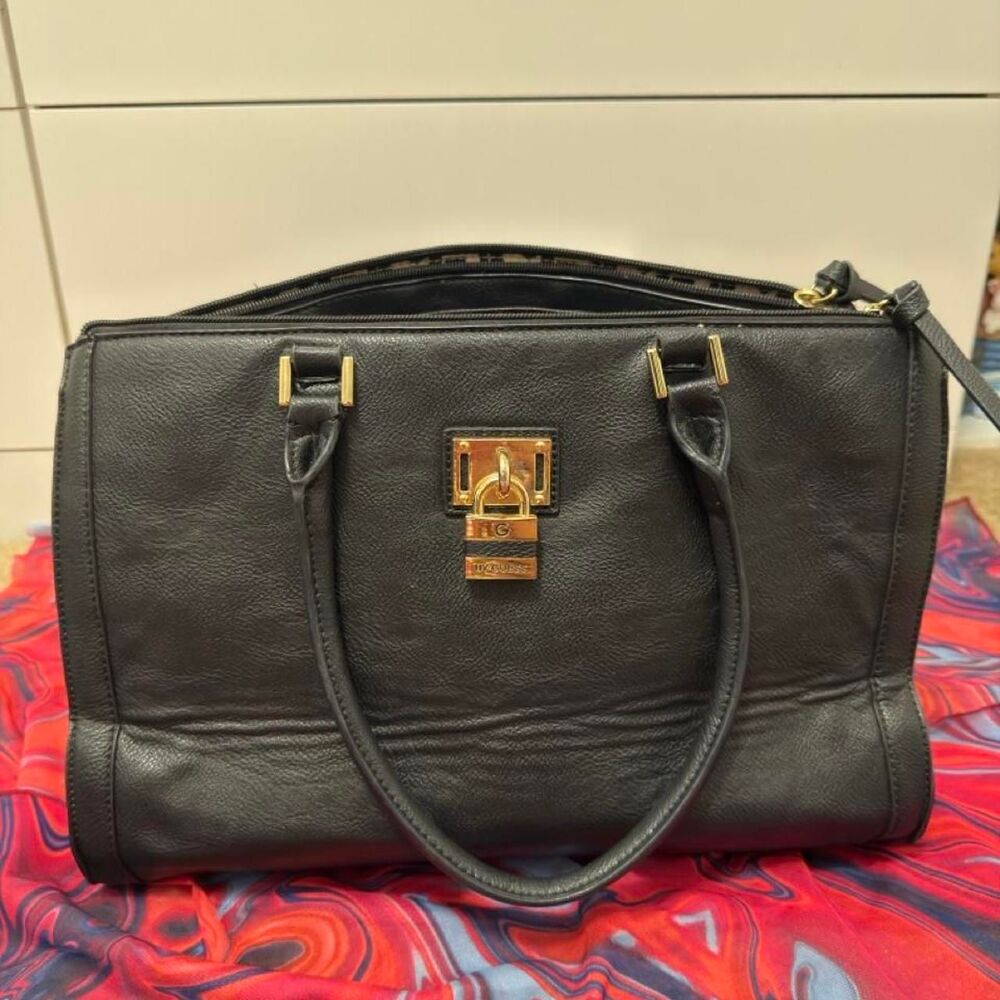 Vintage GUESS Black Structured Tote Bag Gold Hardware Monogram Lining
